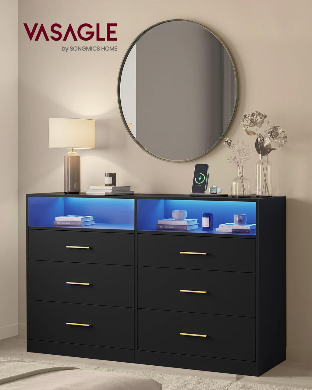 6 Drawer Dresser with LED Lights and Power Strip A604521