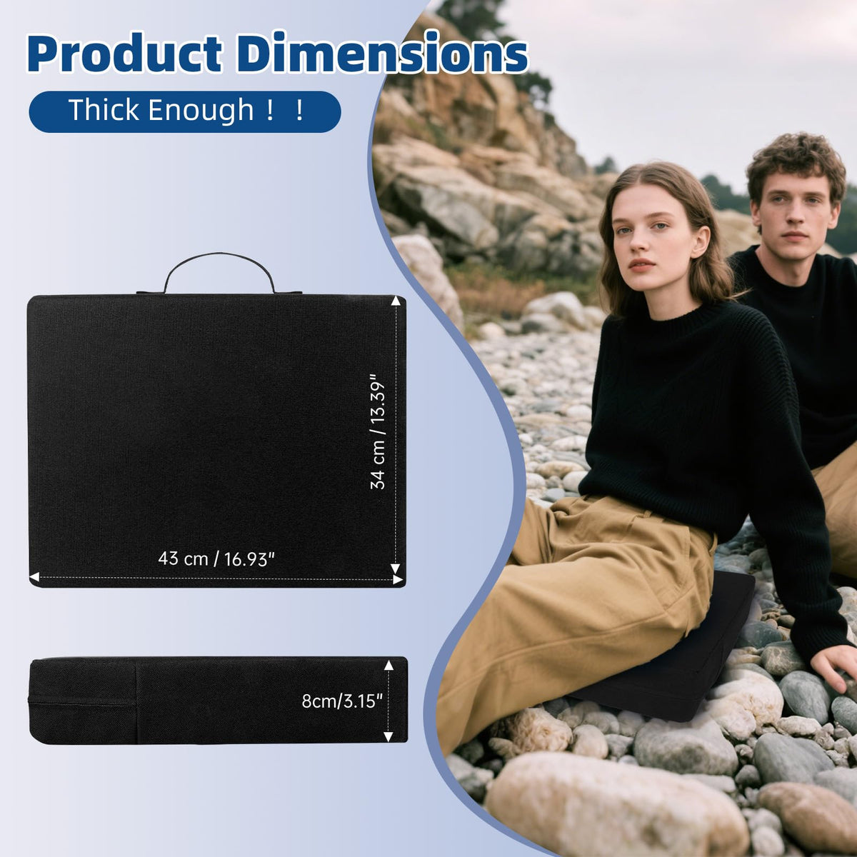 3.15" Extra Thick Waterproof 600D Oxford Bleacher Cushion with Carrying Handle Black L633