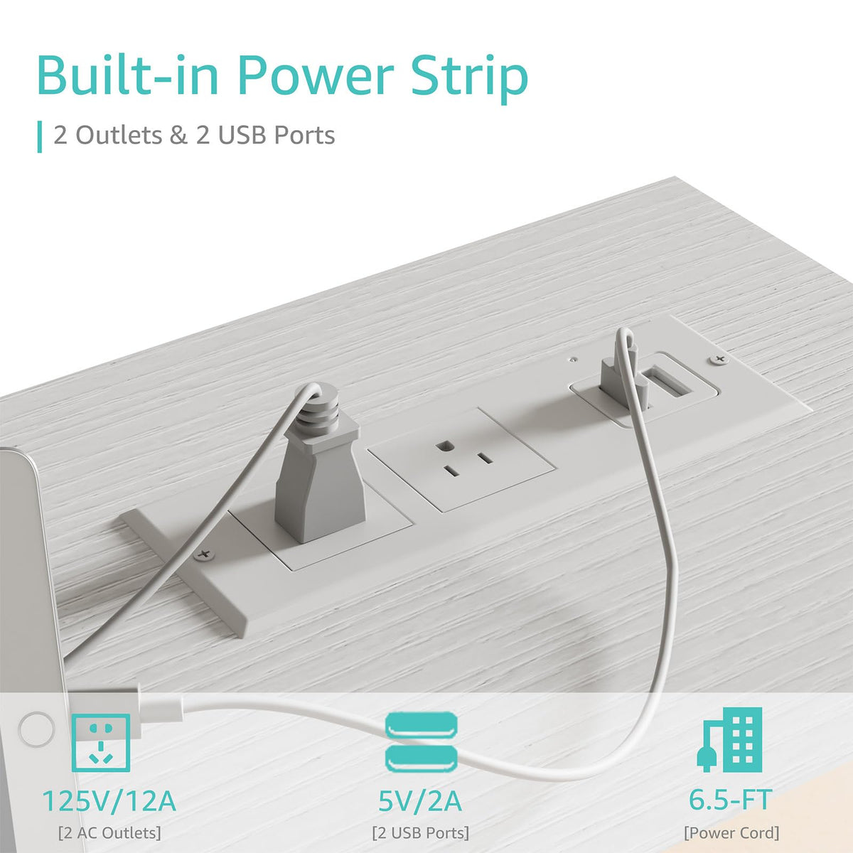 White 40 inch Computer Desk with Power Outlet and Storage Pocket O358116