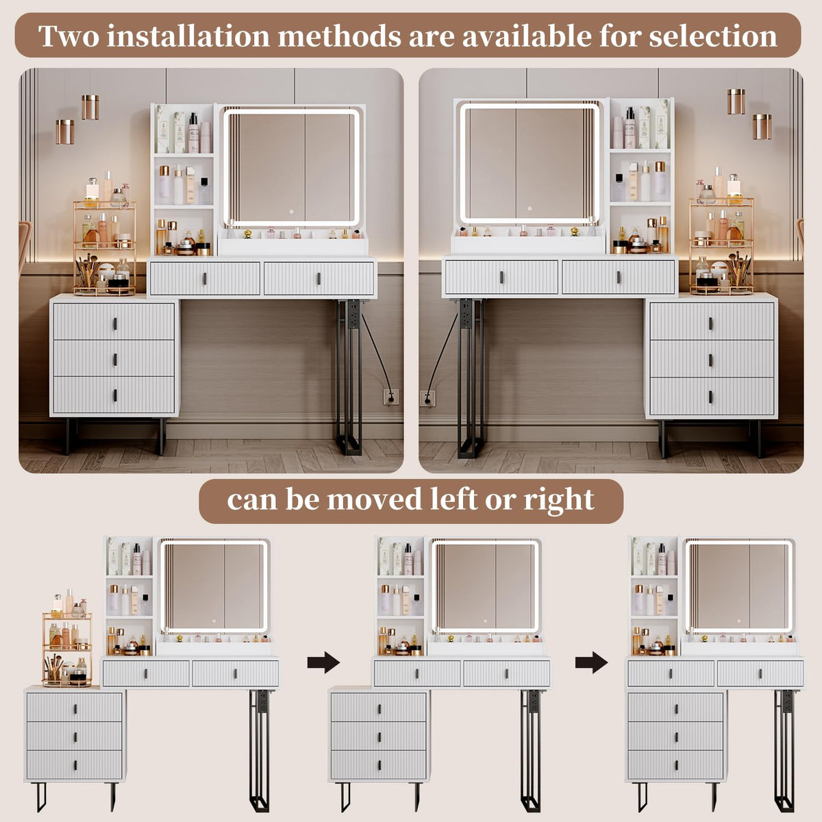White Vanity Desk with Mirror and 5 Sliding Drawers I665