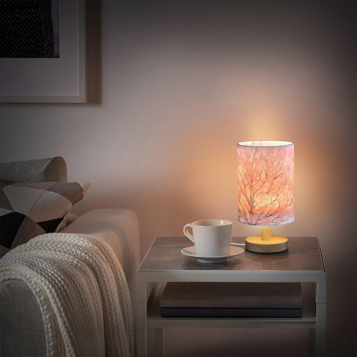 Pink Cherry Blossom Table Lamp with Wood Base Fabric Shade M844217