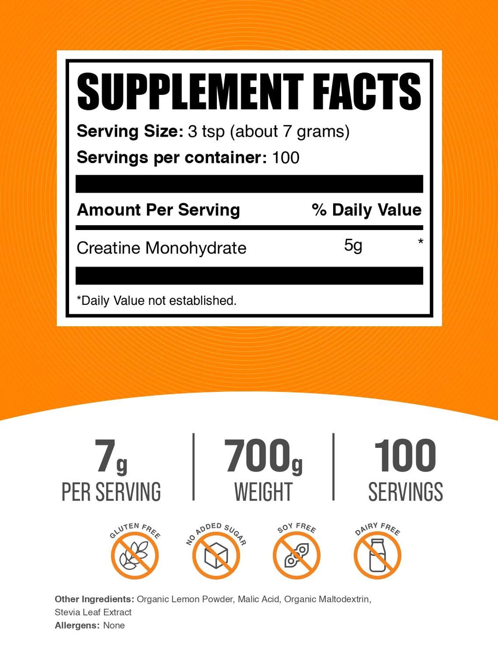 Micronized Creatine Monohydrate Powder, Lemon Italian Ice, 7g per Serving, 700g B3739