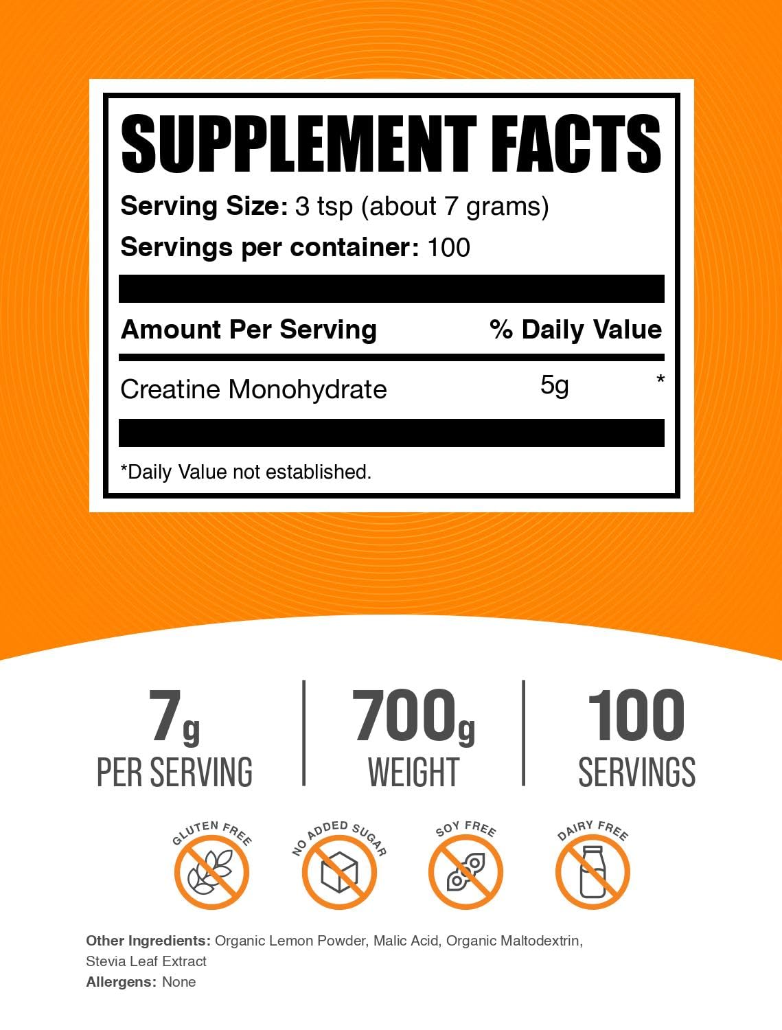Micronized Creatine Monohydrate Powder, Lemon Italian Ice, 7g per Serving, 700g B3739