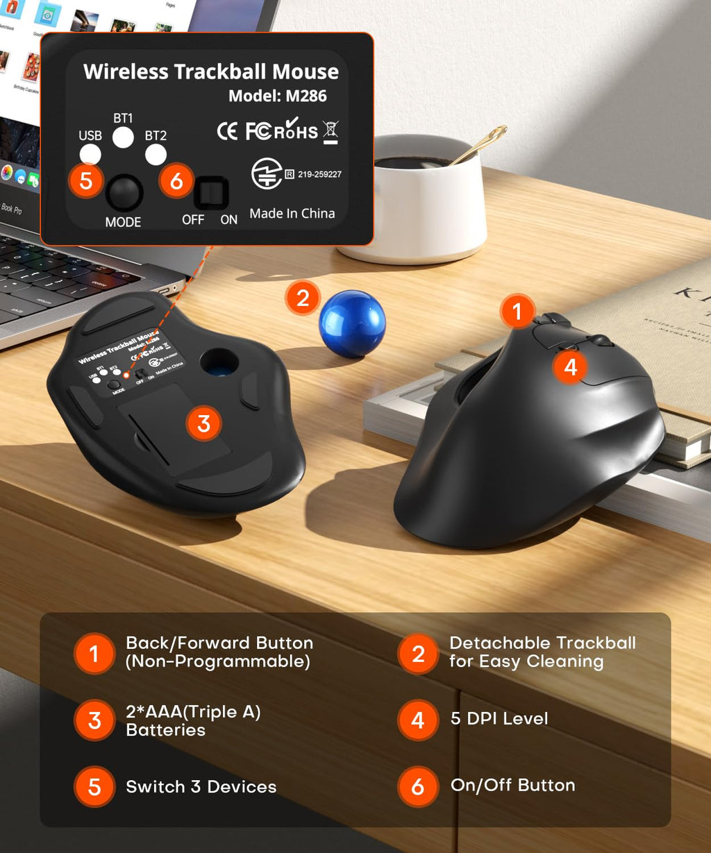 Ergonomic Wireless Trackball Mouse J82975