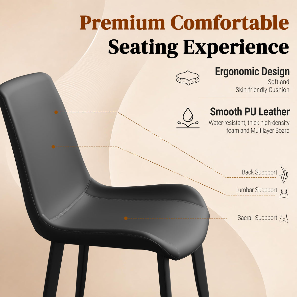 Black Dining Chairs Set of 4 PU Leather Upholstered with Metal Legs Y226621