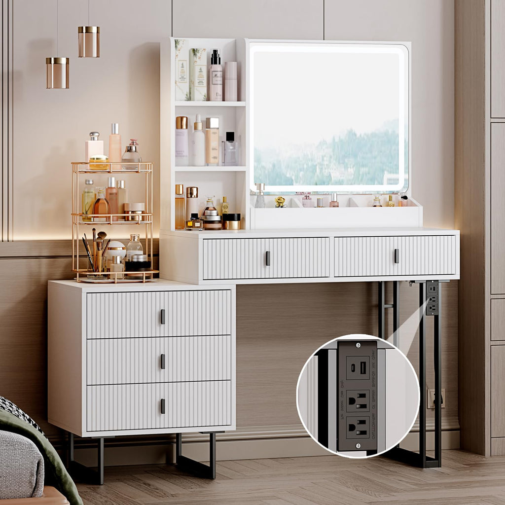 White Vanity Desk with Mirror and 5 Sliding Drawers I665