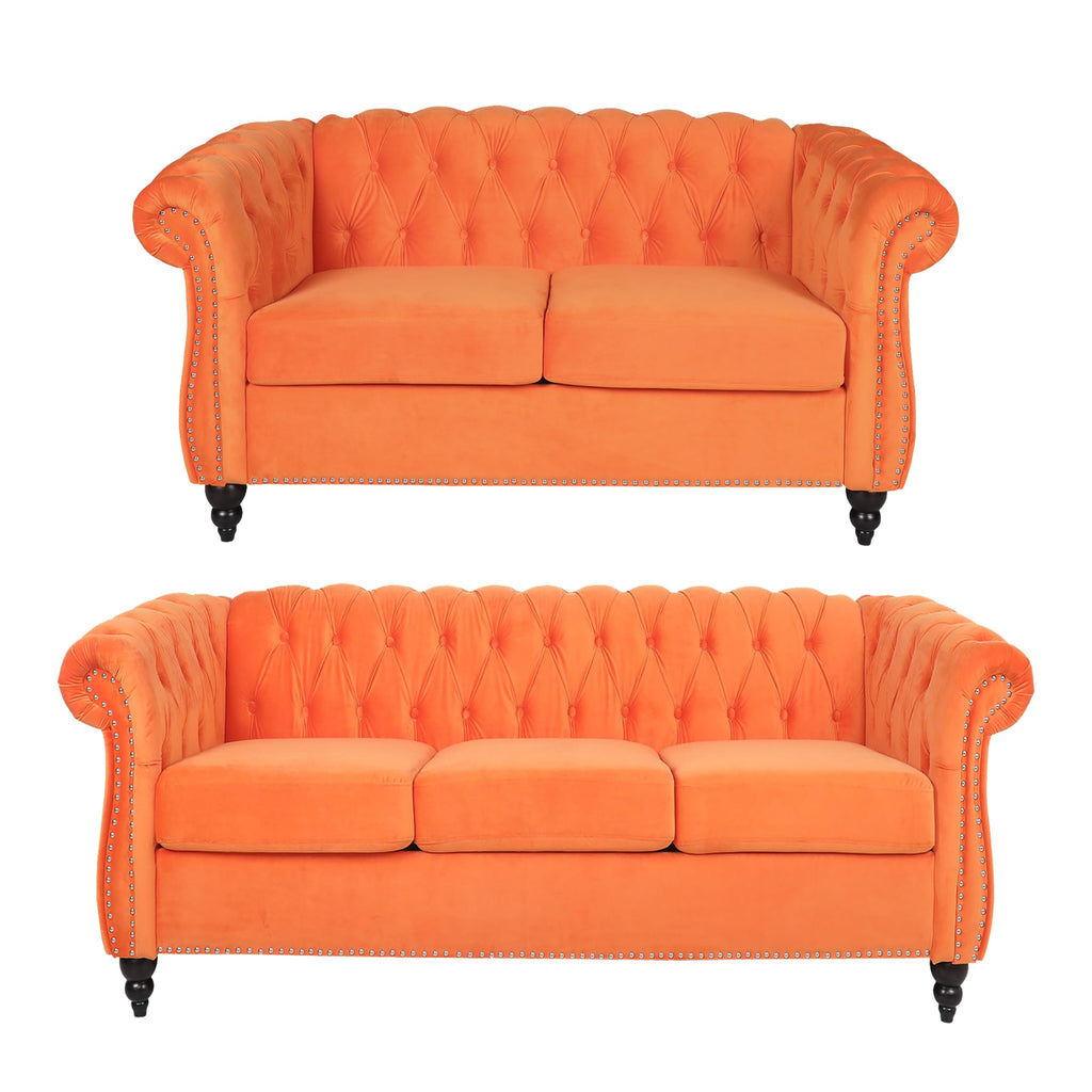 Orange Velvet Tufted Sofa Set T848458