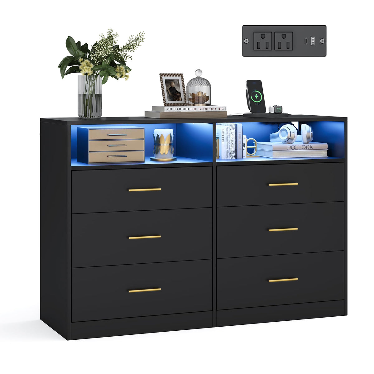 6 Drawer Dresser with LED Lights and Power Strip A604521