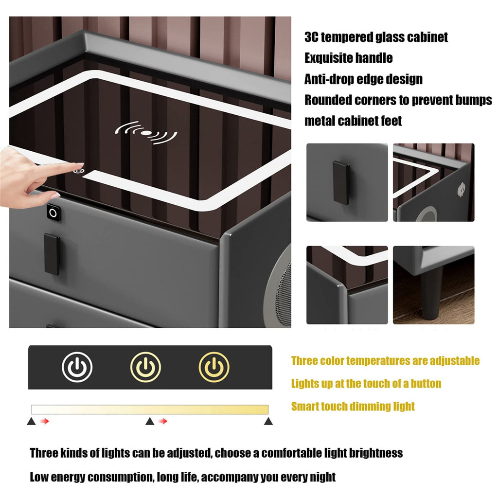 White 3 Drawer Nightstand with Wireless Charging and LED Lights P7597
