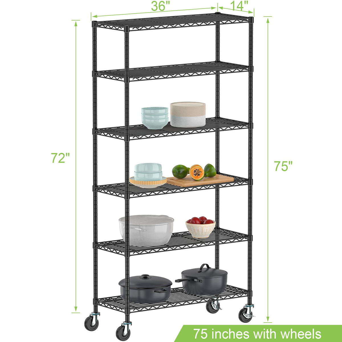6 Tier Wire Metal Shelving Rack with Wheels C586111