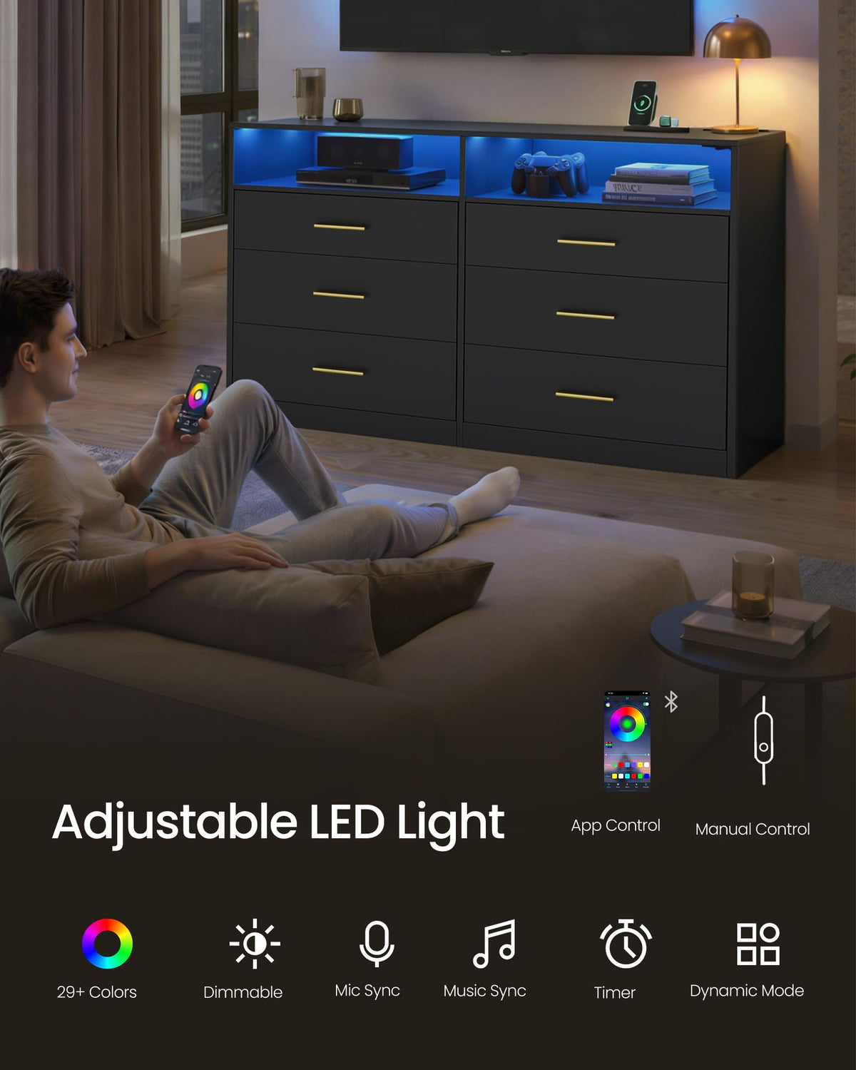 6 Drawer Dresser with LED Lights and Power Strip A604521
