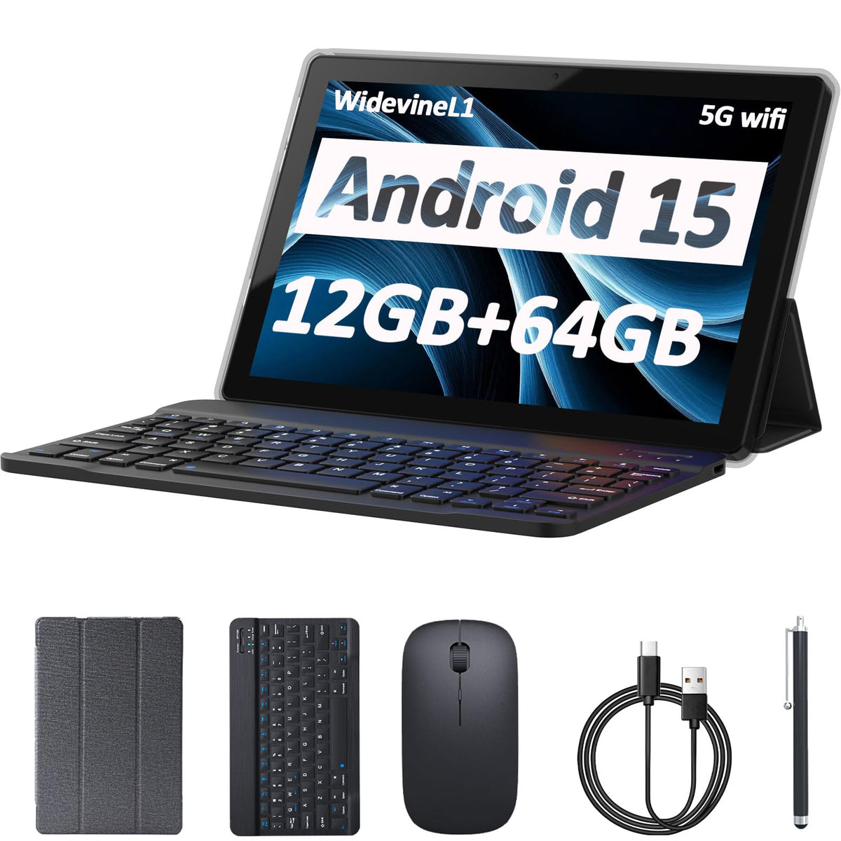 Android 15 Tablet 10 Inch 12GB RAM 64GB ROM 2 in 1 with Keyboard Case Mouse Stylus X14161