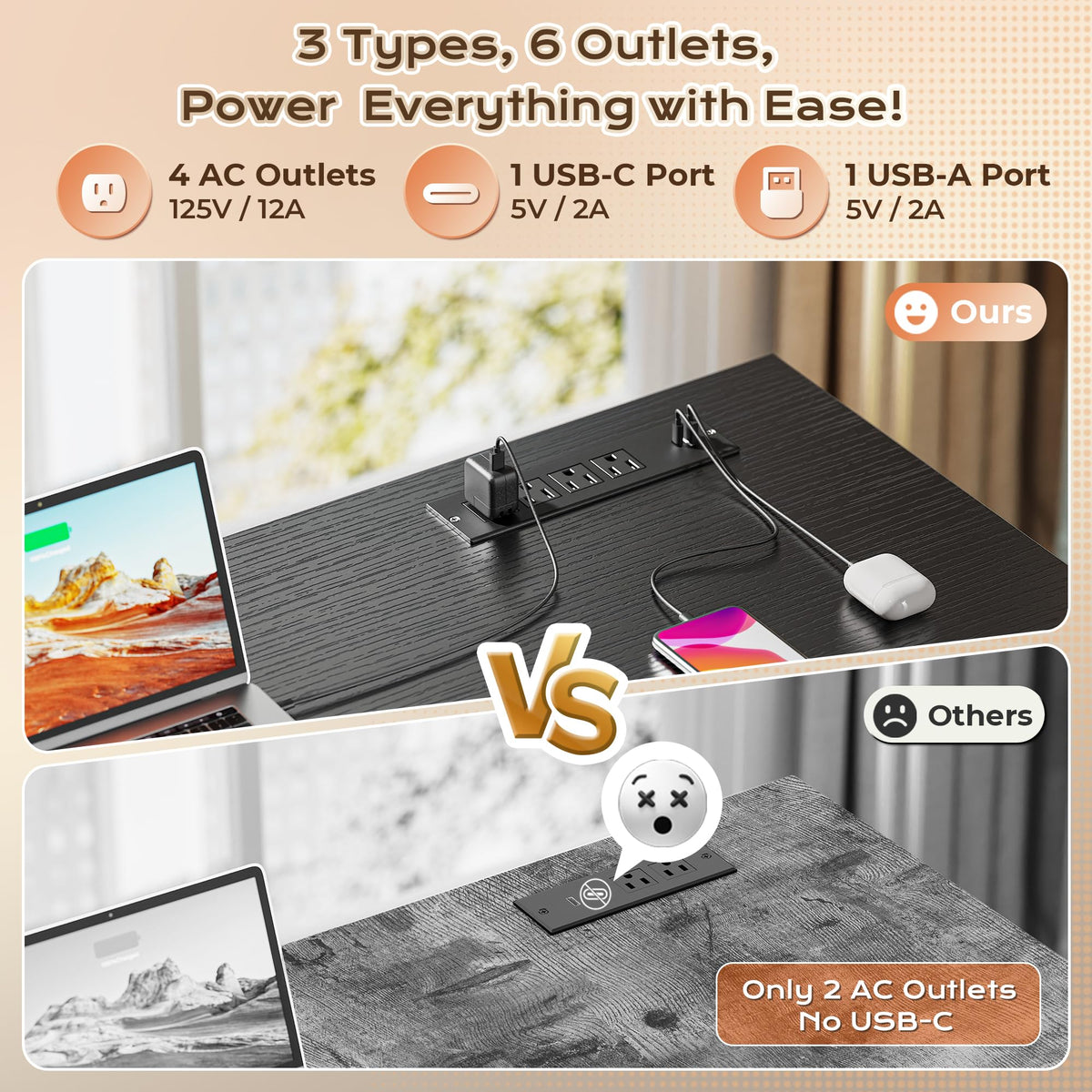 63 Inch L Shaped Desk with Power Outlets and USB-C Port, Black B445