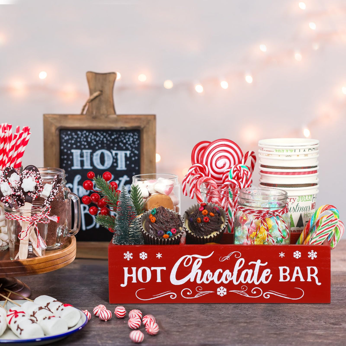 Christmas Hot Cocoa Bar Station Organizer Storage Box Wood Red R88332