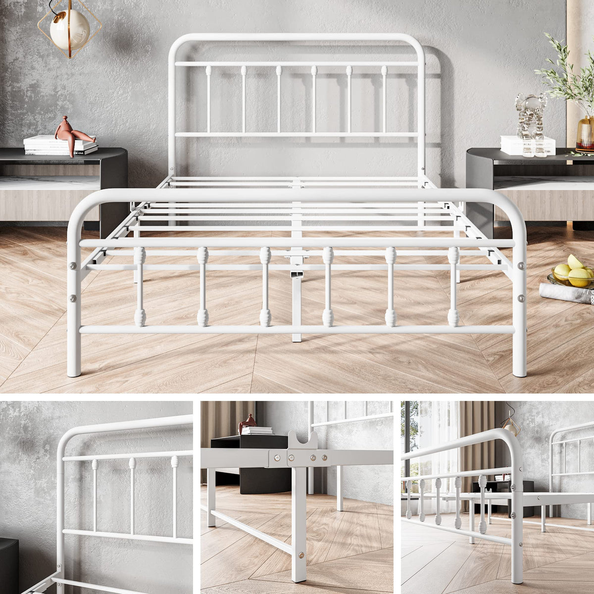 White Full Size Metal Bed Frame with Headboard and Footboard F629
