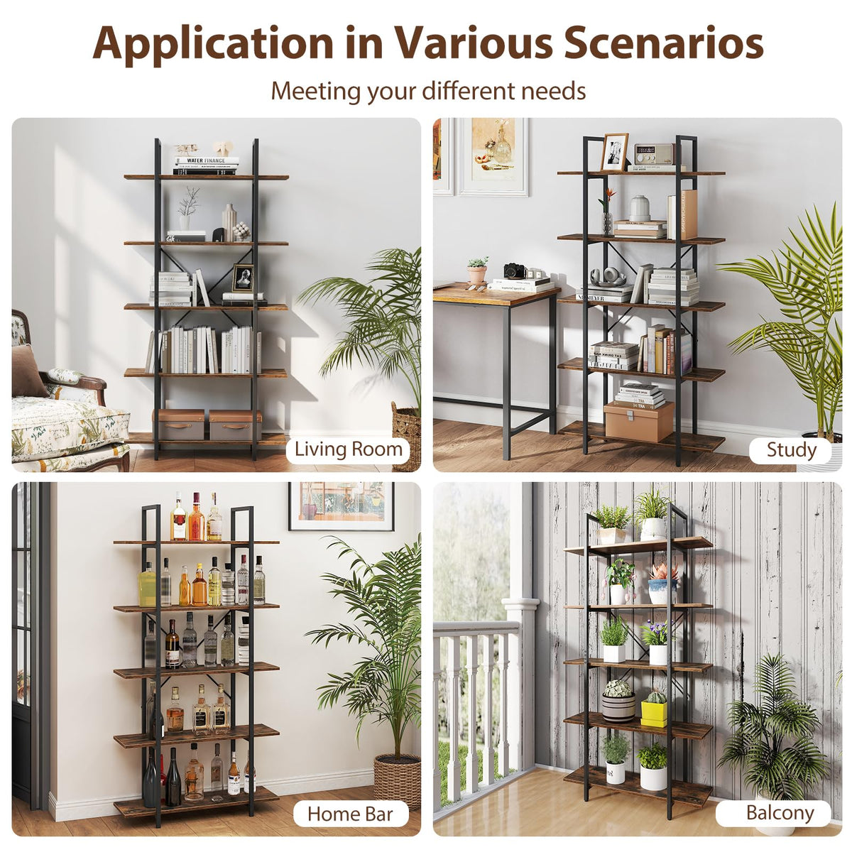 5-Tier Rustic Brown Bookshelf with Metal Frame H64474