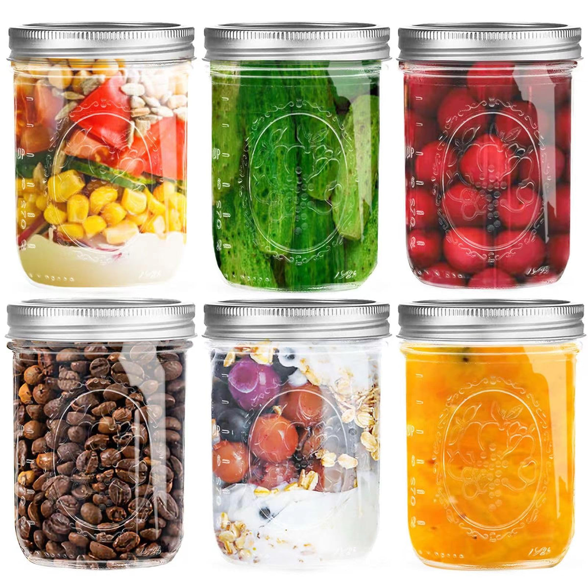 16 oz Wide Mouth Glass Mason Jars with Lids, 6 Pack O928