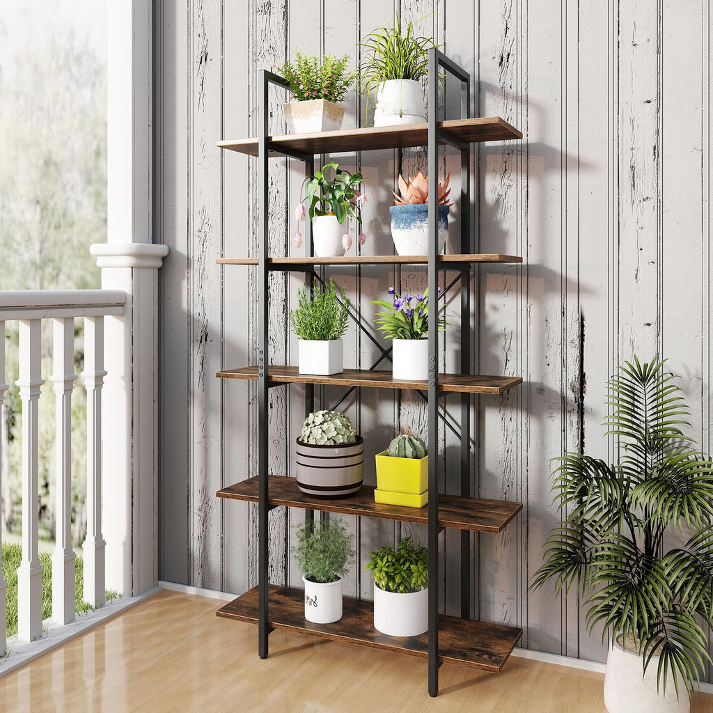 5-Tier Rustic Brown Bookshelf with Metal Frame H64474