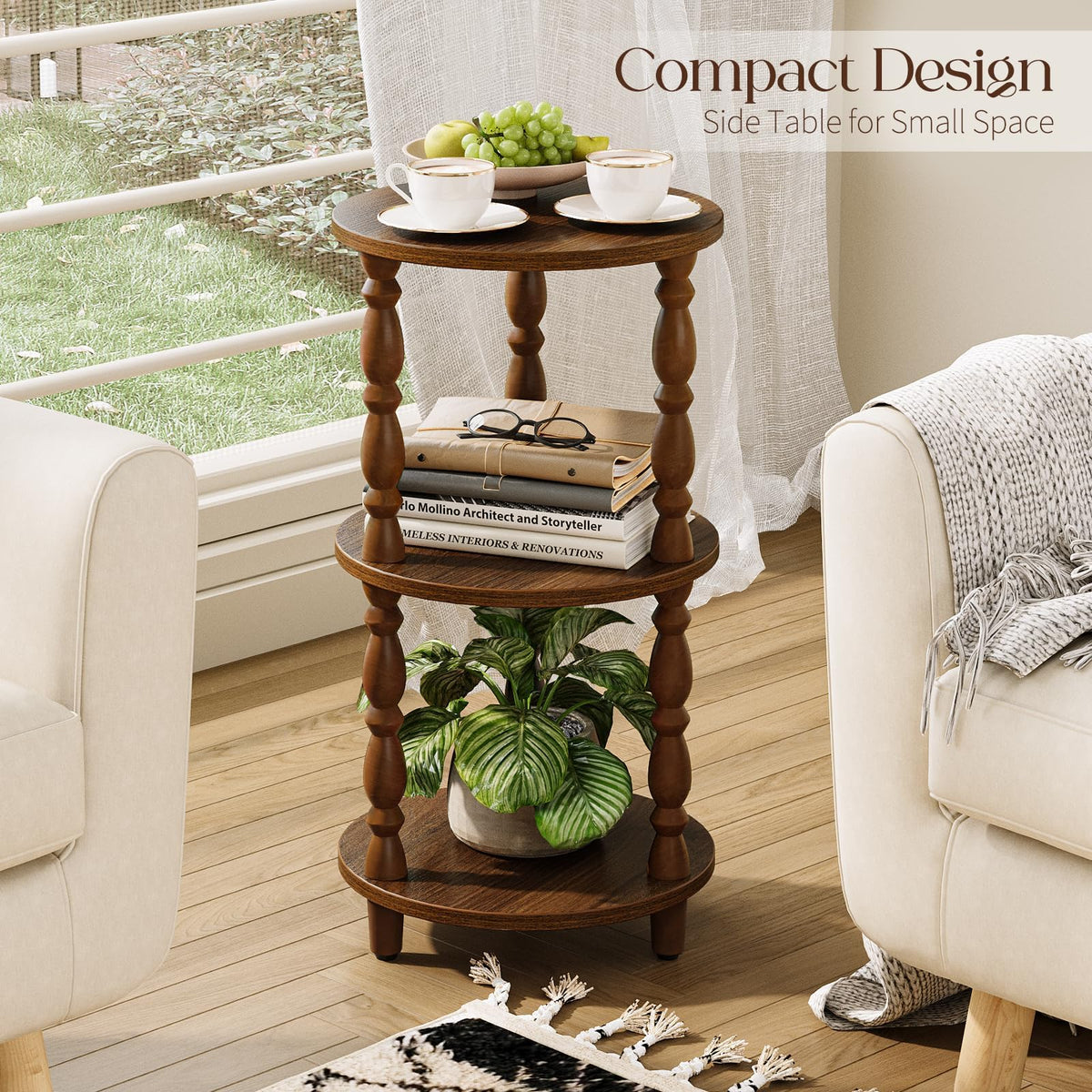 Small Round 3-Tier Wood Side Table with Storage Shelf Y7886
