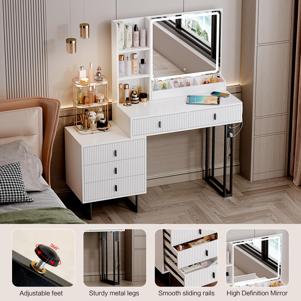 White Vanity Desk with Mirror and 5 Sliding Drawers I665
