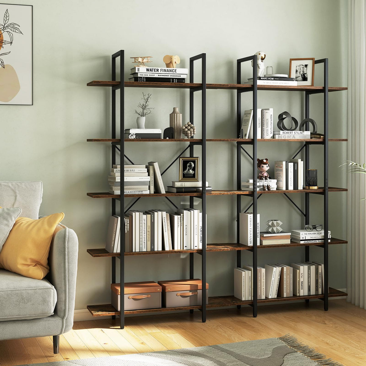 5-Tier Rustic Brown Bookshelf with Metal Frame H64474