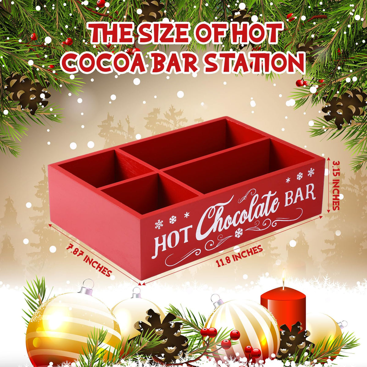 Christmas Hot Cocoa Bar Station Organizer Storage Box Wood Red R88332