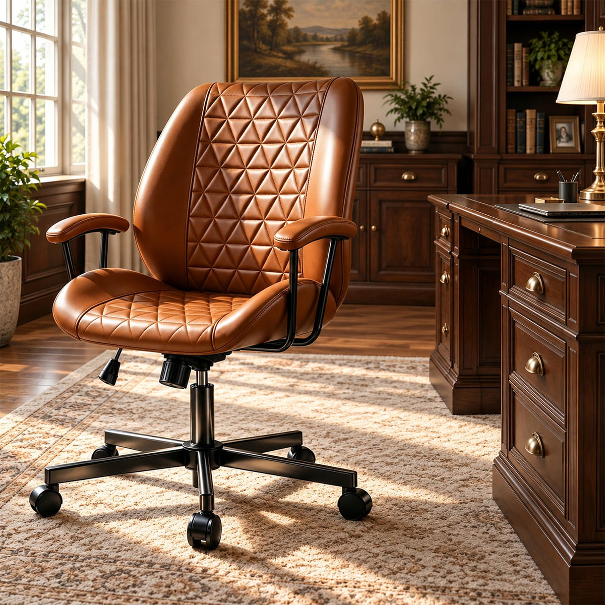 Brown PU Leather Office Chair with Lumbar Support D7348