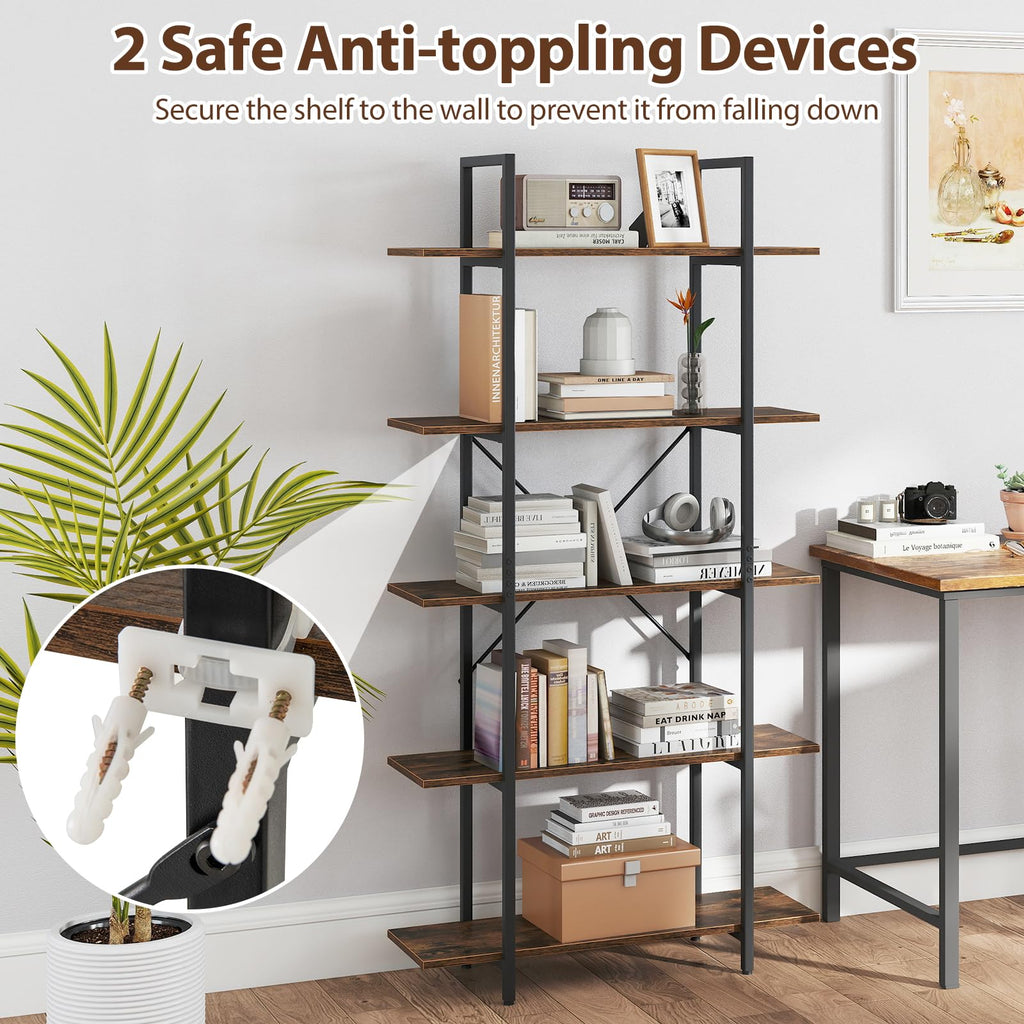 5-Tier Rustic Brown Bookshelf with Metal Frame H64474