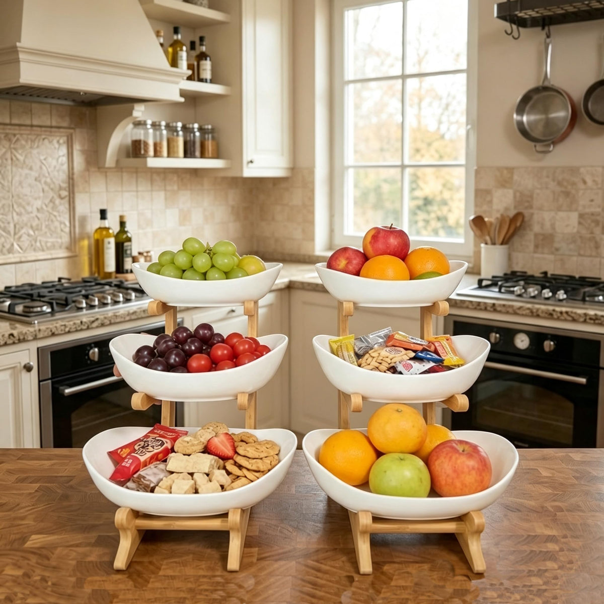3-Tier Ceramic Fruit Bowl with Bamboo Stand I888261