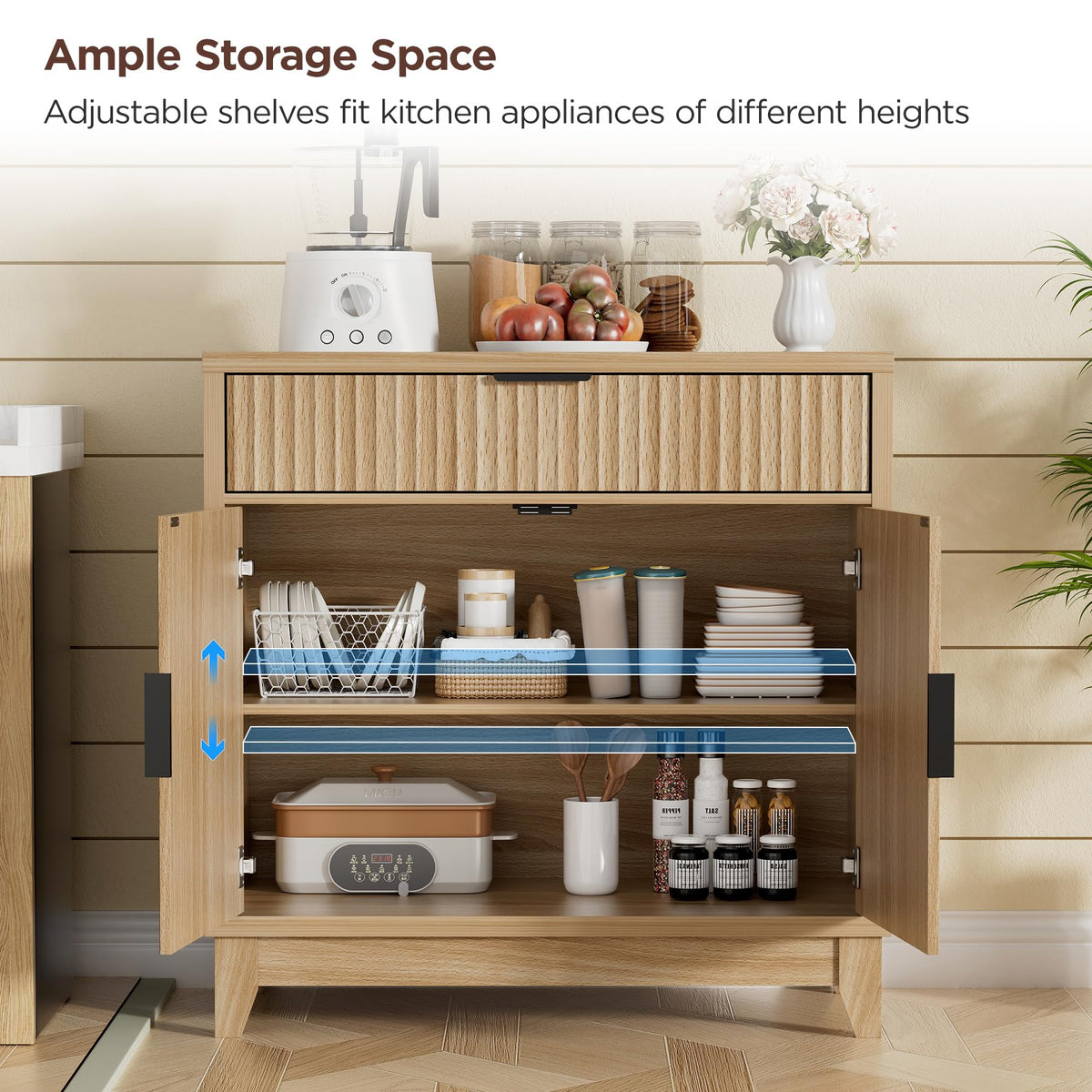 32" Fluted Oak Sideboard Buffet Cabinet with Storage U4129