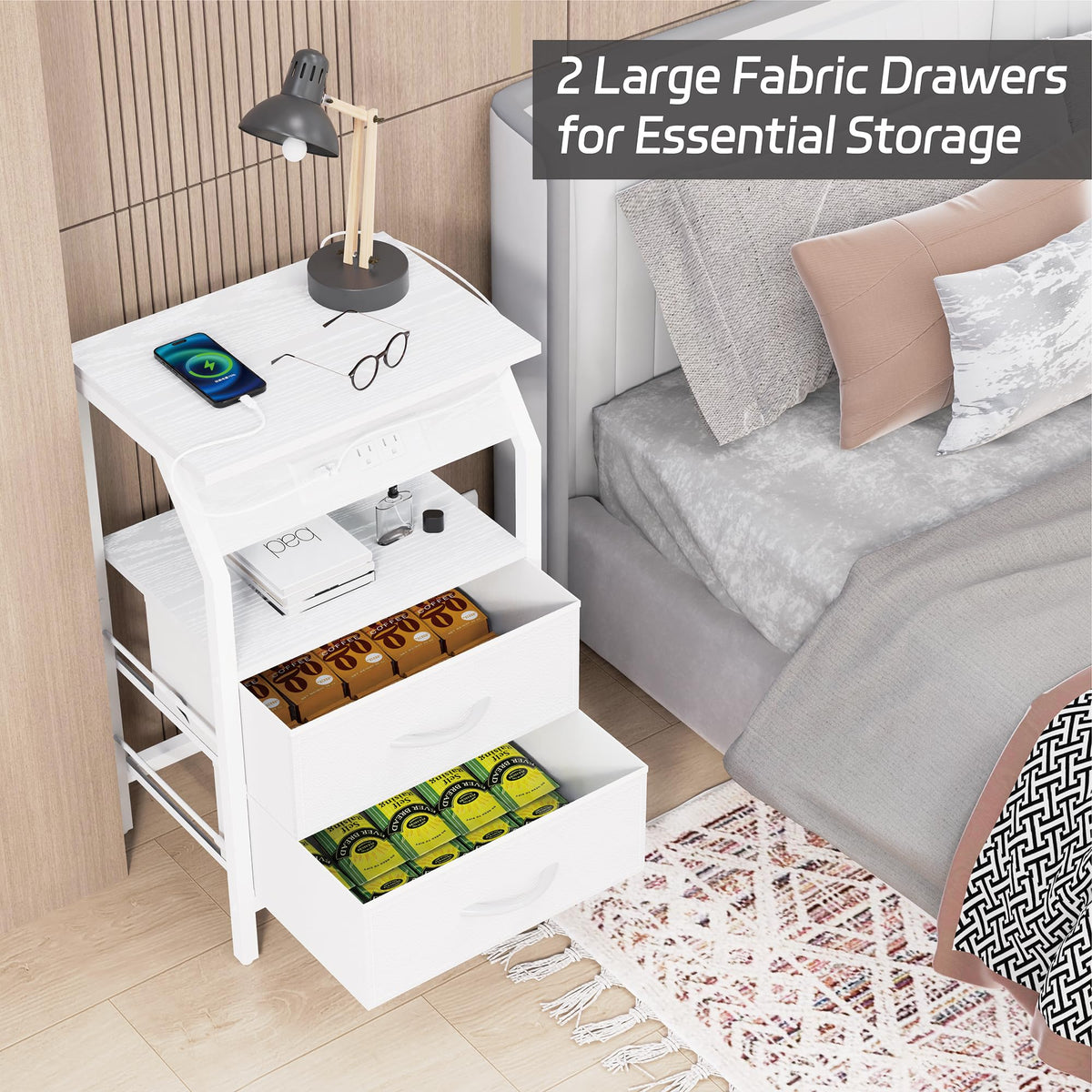 End Table with LED Lights, 2 Fabric Drawers and Charging Station Y653367