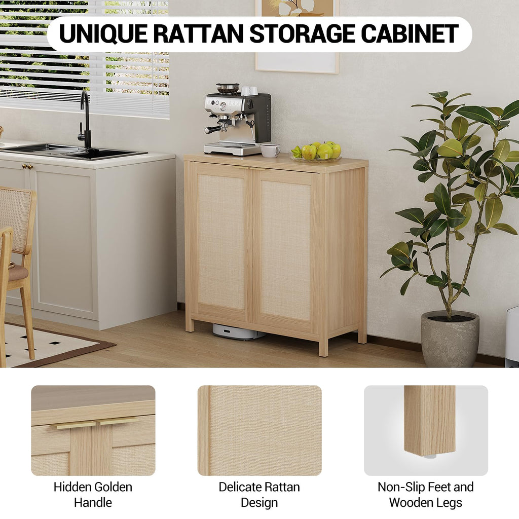 Light Oak Rattan Storage Cabinet with Adjustable Shelves C129589