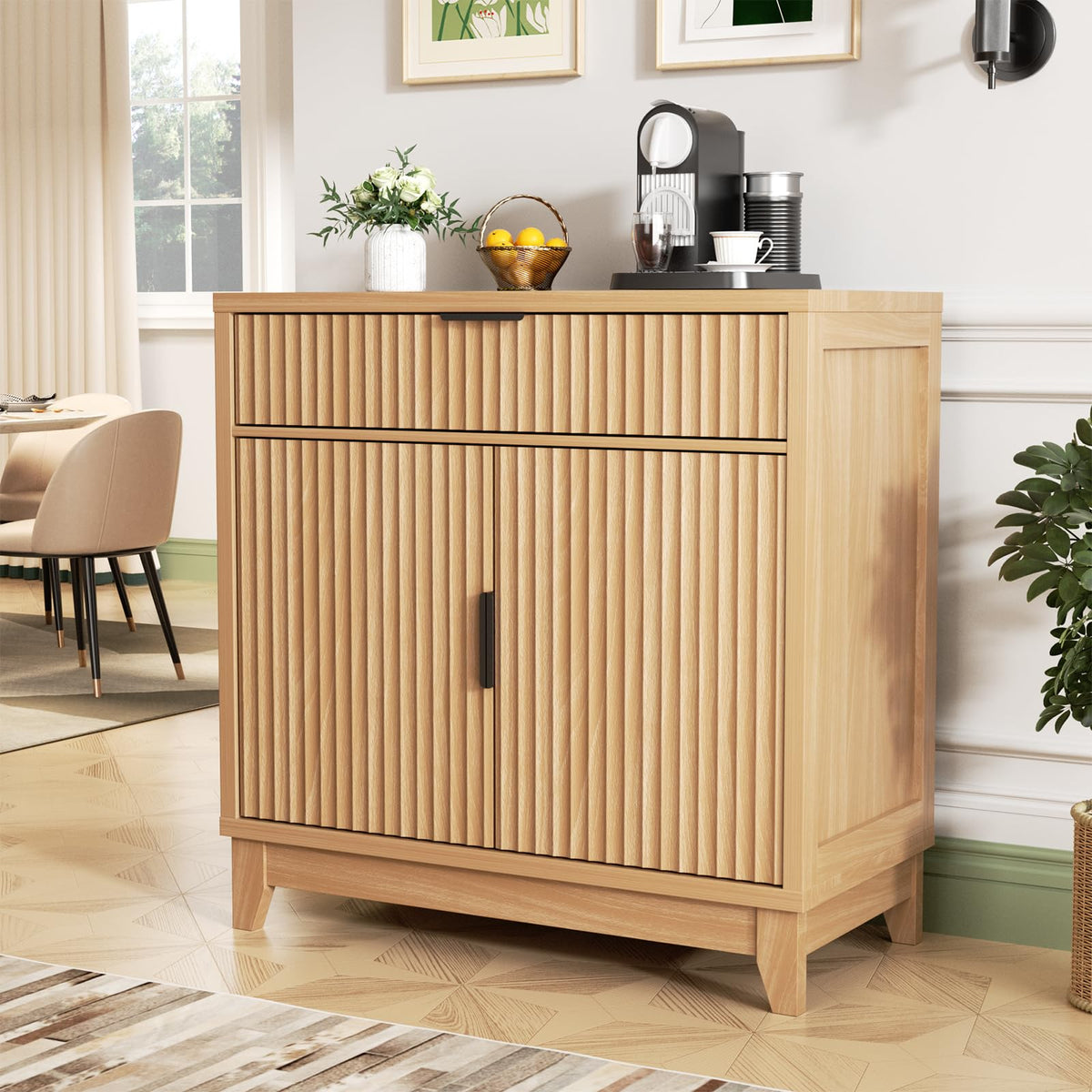 32" Fluted Oak Sideboard Buffet Cabinet with Storage U4129