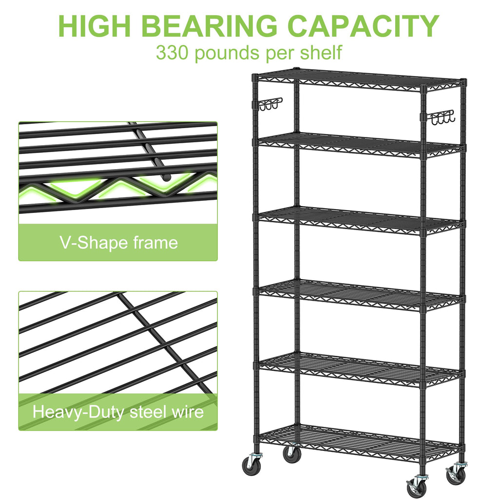 6 Tier Wire Metal Shelving Rack with Wheels C586111