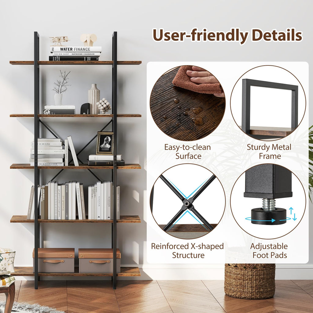 5-Tier Rustic Brown Bookshelf with Metal Frame H64474