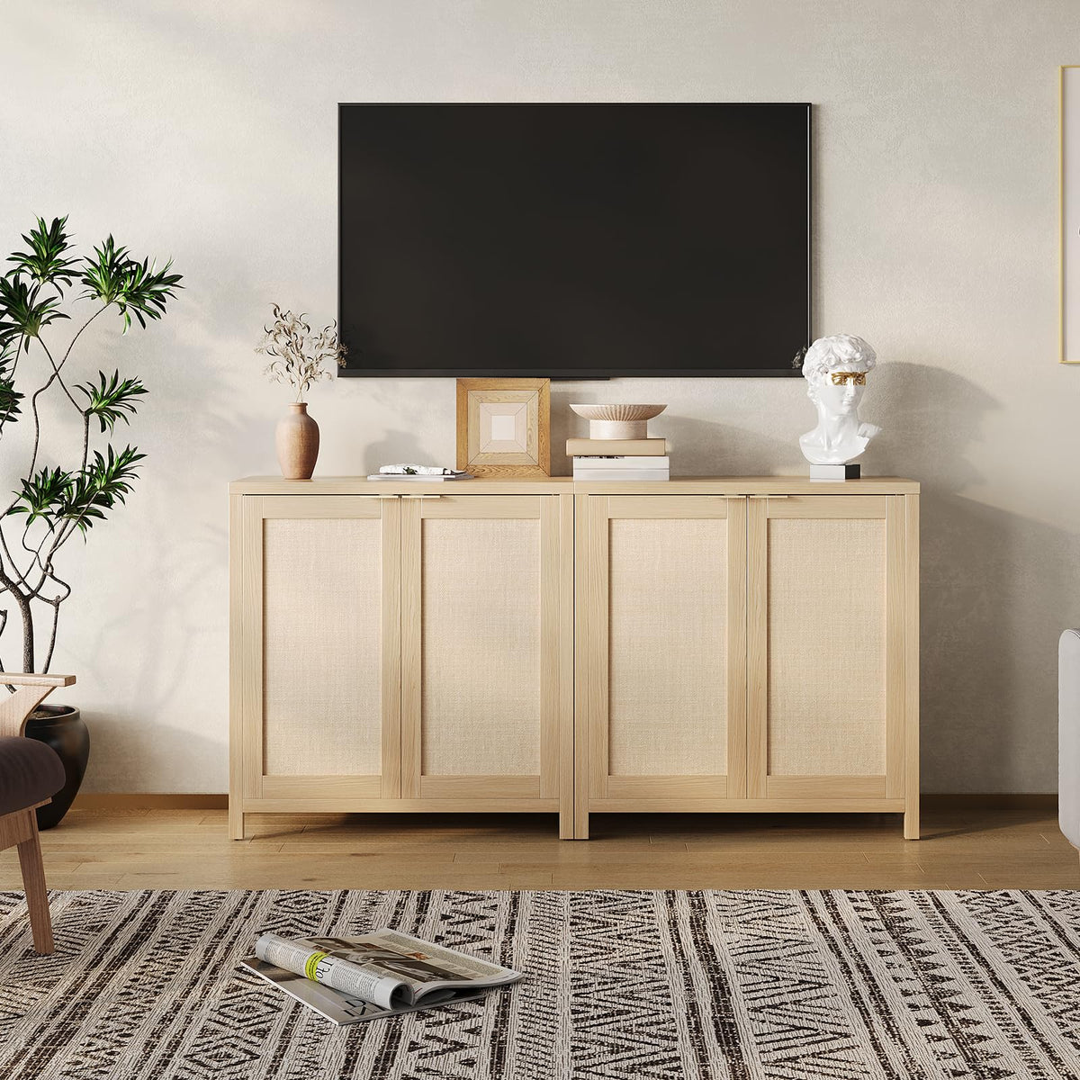 Light Oak Rattan Storage Cabinet with Adjustable Shelves C129589