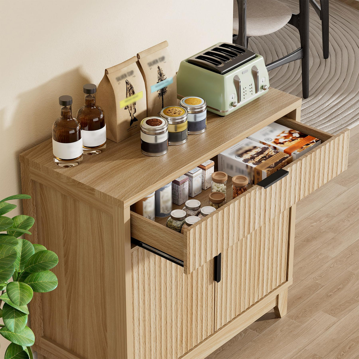 32" Fluted Oak Sideboard Buffet Cabinet with Storage U4129