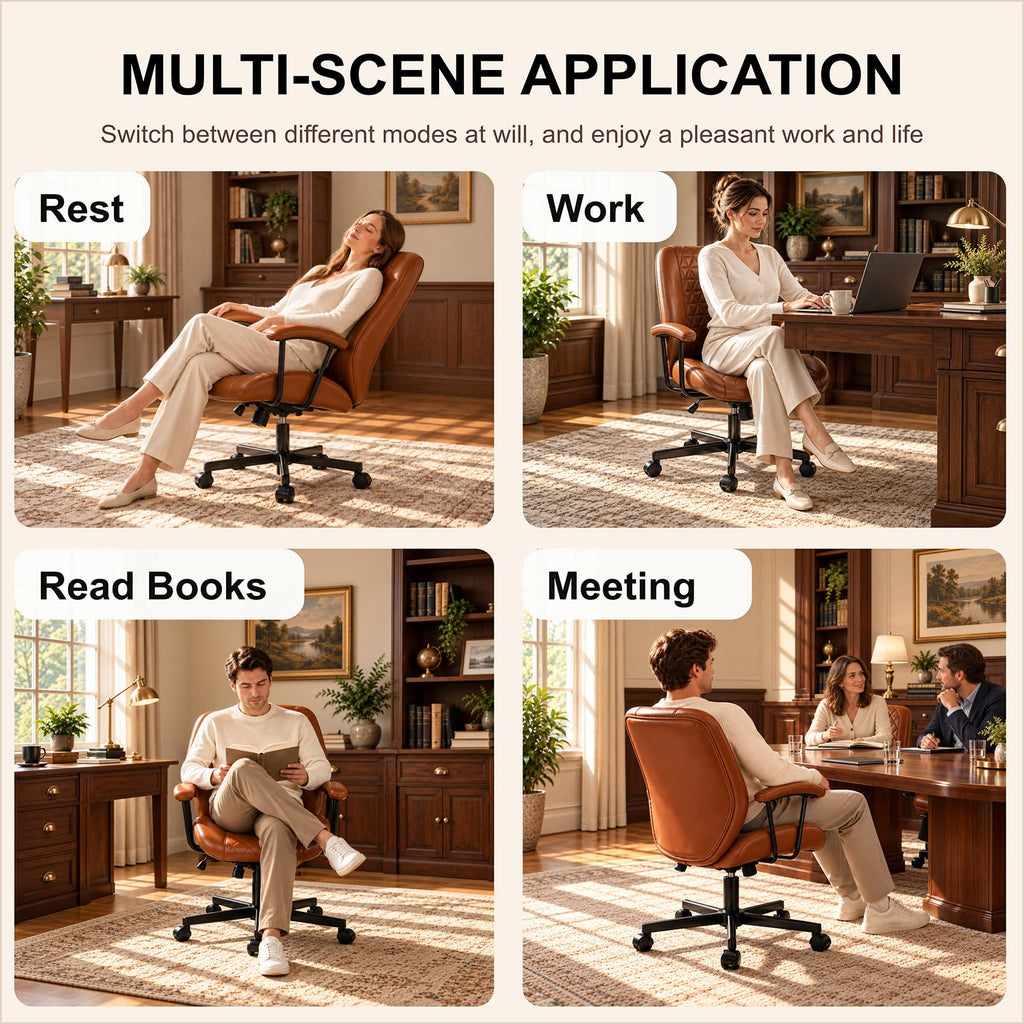 Brown PU Leather Office Chair with Lumbar Support D7348