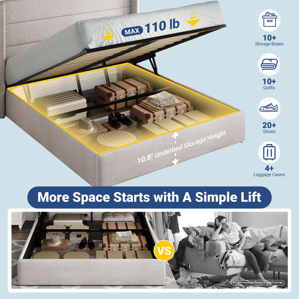 Queen Size Lift Up Storage Bed Frame Light Beige H10848