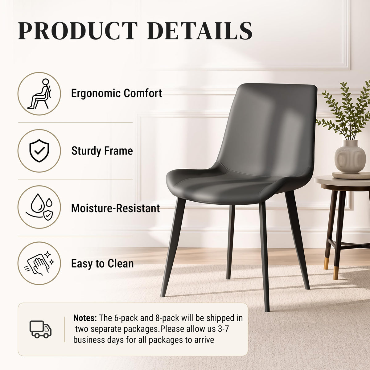 Black Dining Chairs Set of 4 PU Leather Upholstered with Metal Legs Y226621