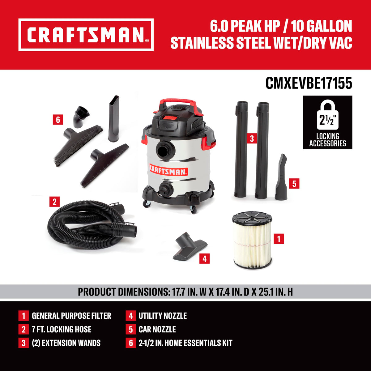 10 Gallon 6.0 Peak HP Stainless Steel Vacuum H831