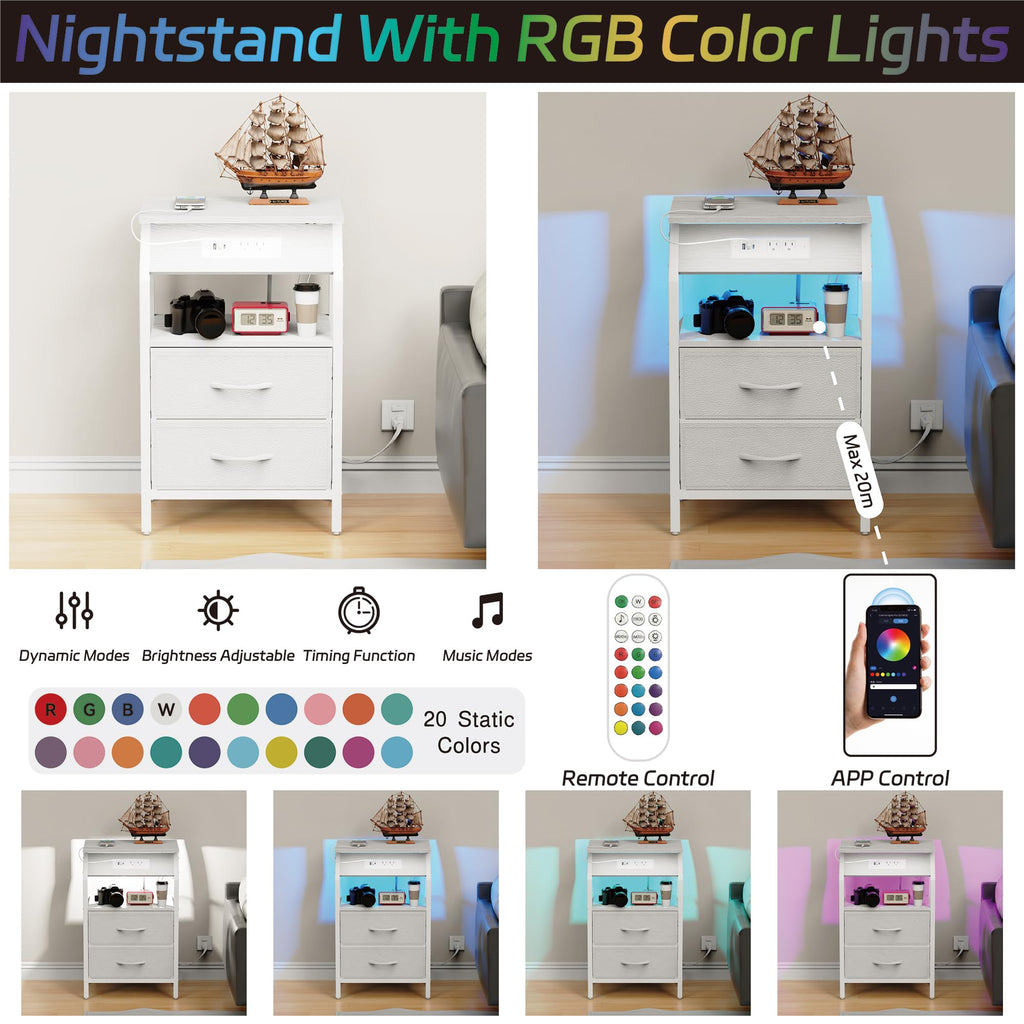 End Table with LED Lights, 2 Fabric Drawers and Charging Station Y653367