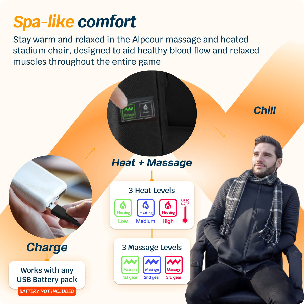 Heating Massage Reclining Stadium Seat with Arm Support K9378