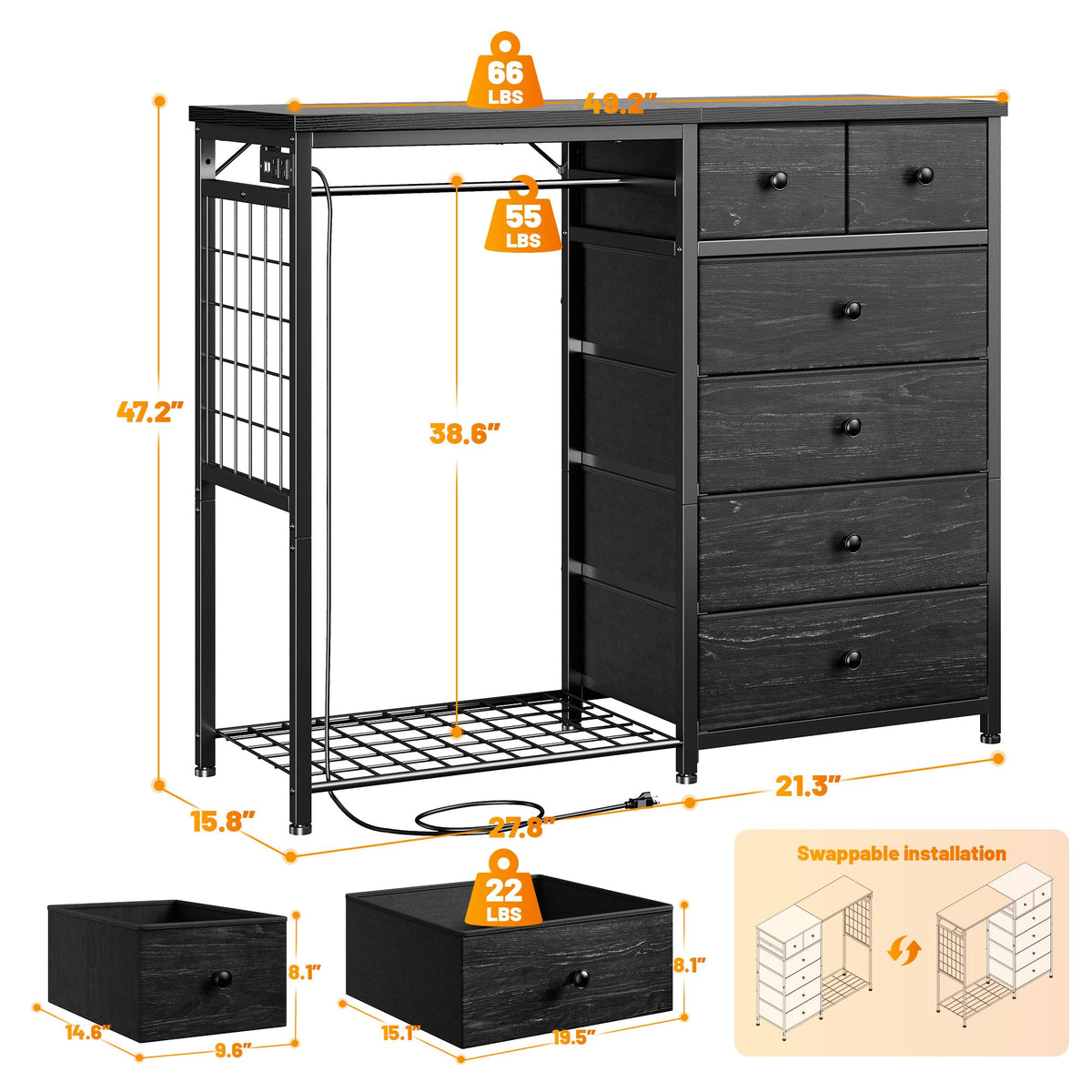 49.2" W Dresser with Hanging Rack & 6 Drawers U79400