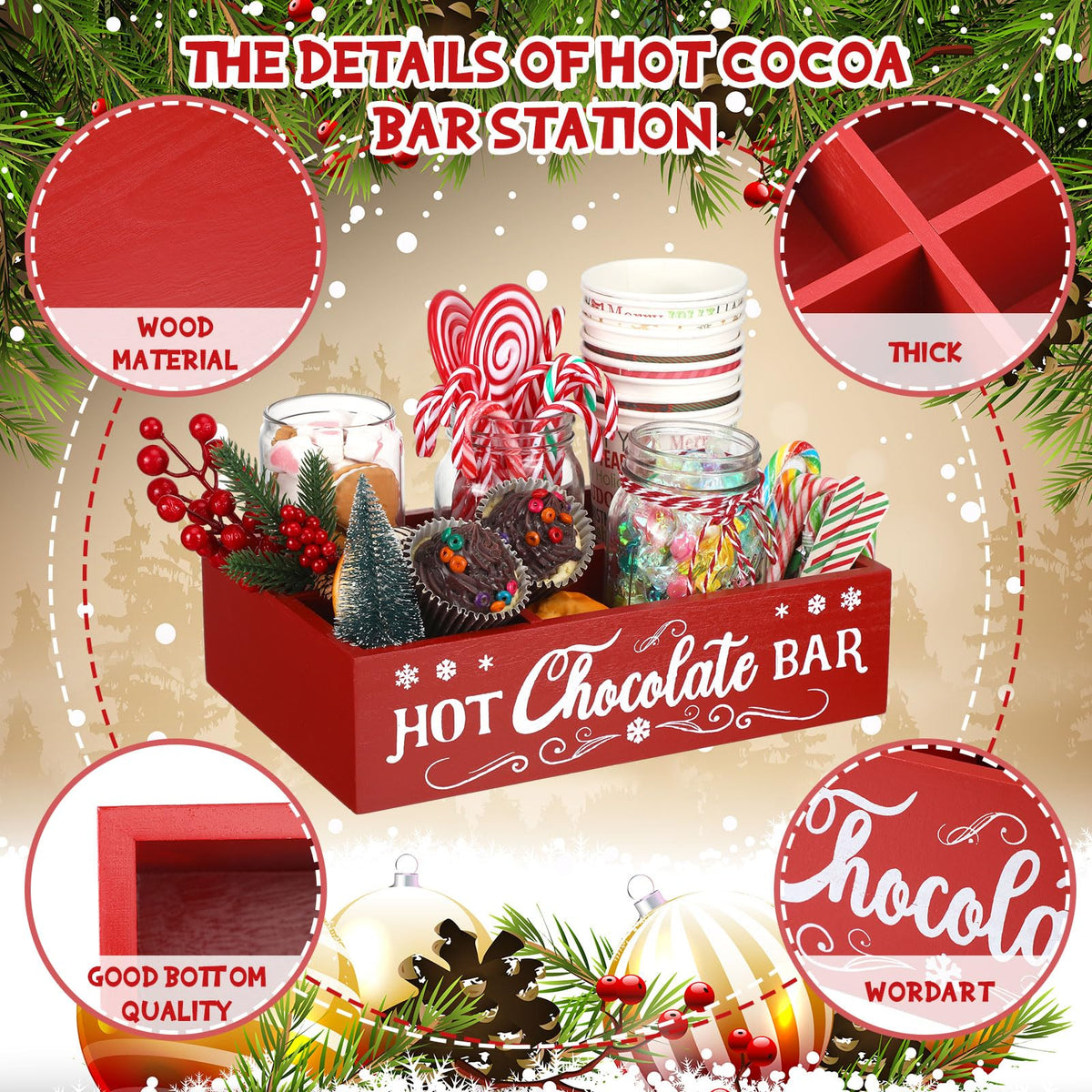 Christmas Hot Cocoa Bar Station Organizer Storage Box Wood Red R88332