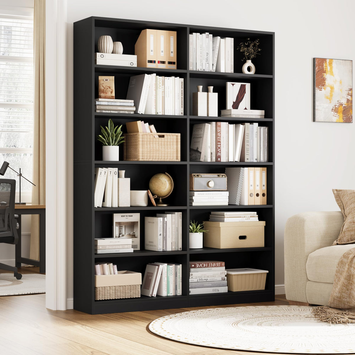 Black 6-Tier Double Wide Bookshelf K2147