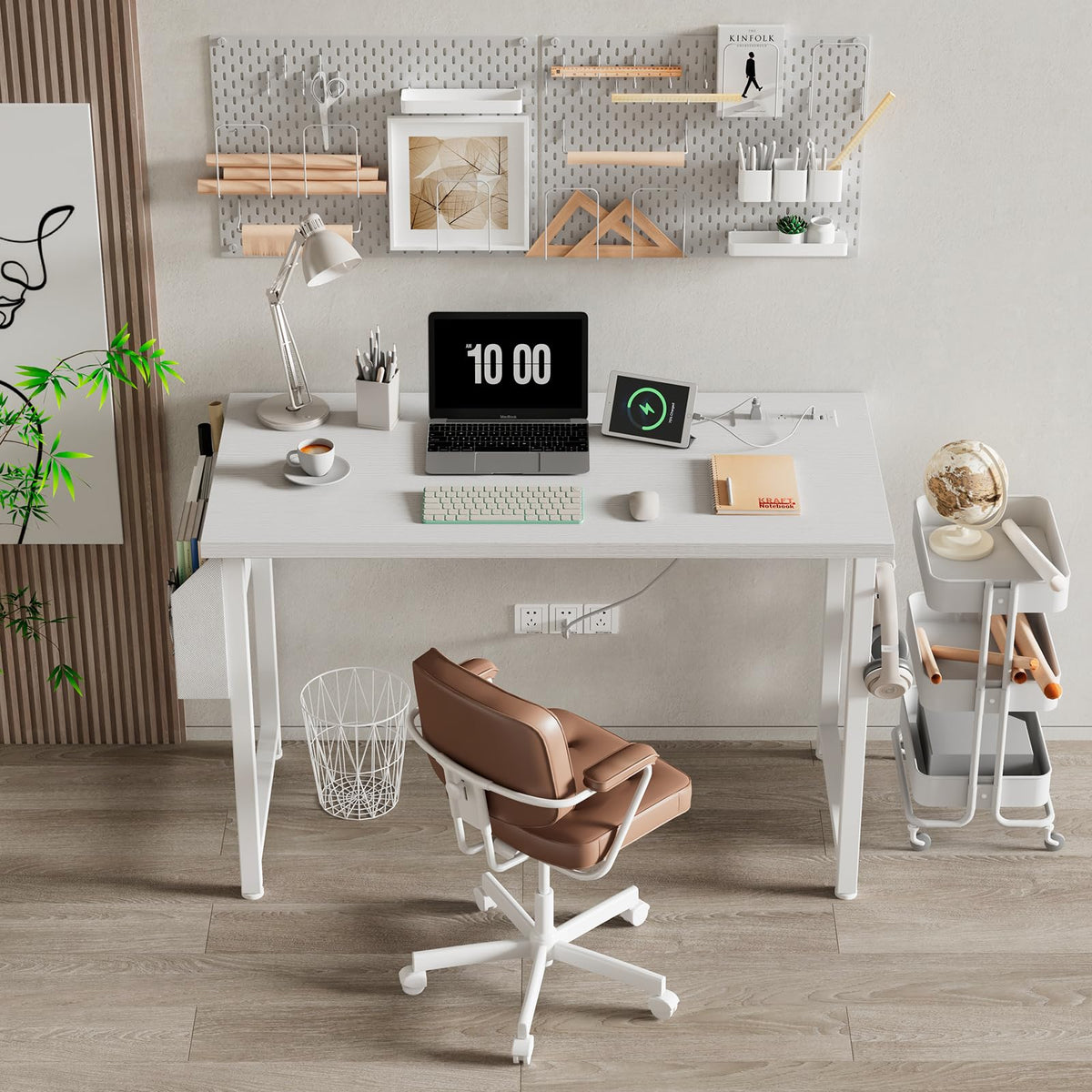 White 40 inch Computer Desk with Power Outlet and Storage Pocket O358116