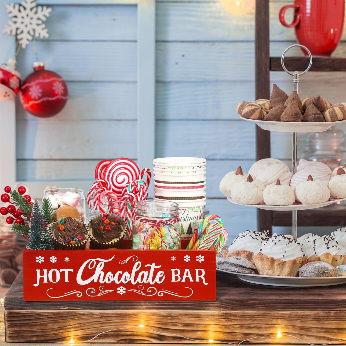 Christmas Hot Cocoa Bar Station Organizer Storage Box Wood Red R88332