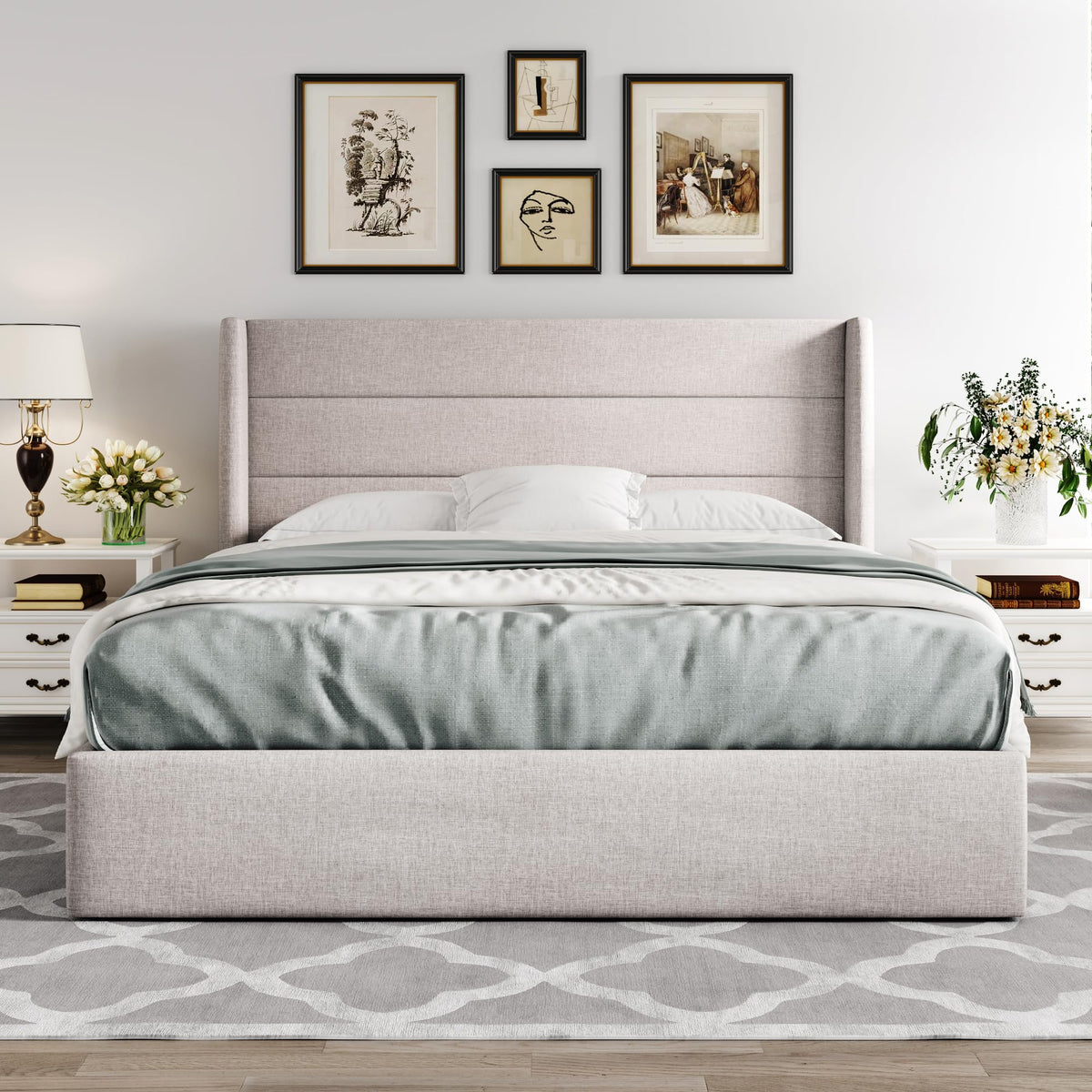 Queen Size Lift Up Storage Bed Frame Light Beige H10848