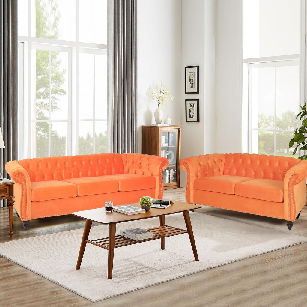 Orange Velvet Tufted Sofa Set T848458